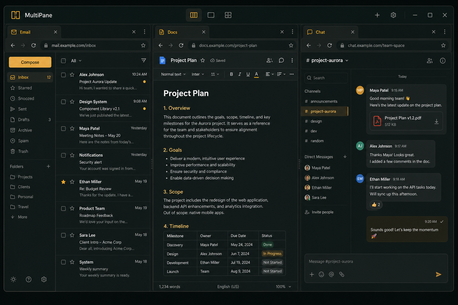 MultiPane app showing mail, docs, and chat side by side in one window